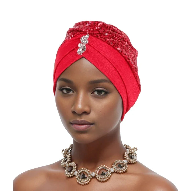 Muslim Headscarf Cap Lady Headwrap Hat Turbante Mujer Sequins Turban Cap for Women Cross Forehead Wrap Head Bonnet - NamafadStore