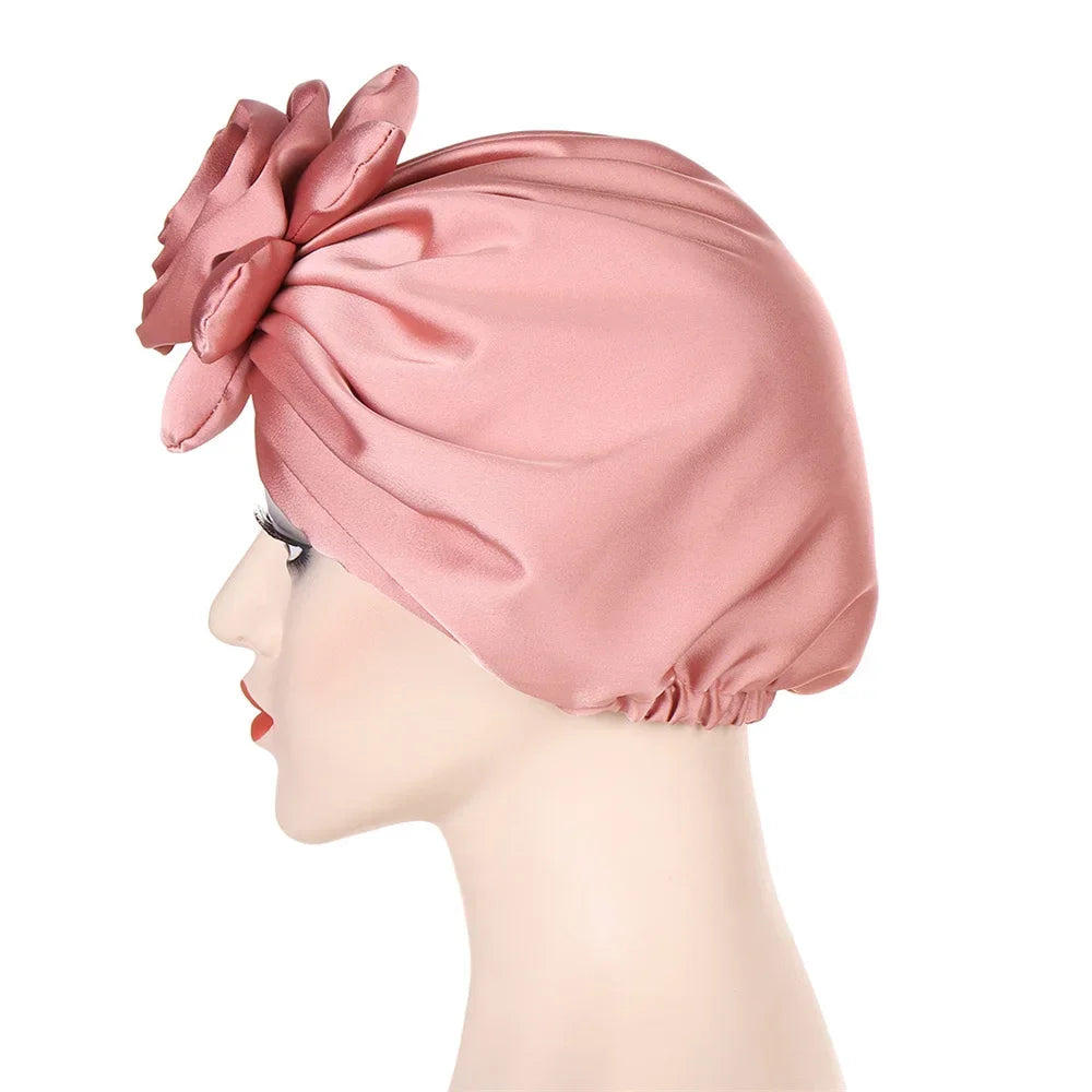 Big Flower Muslim Women Turban Satin Head Wrap Hijab Sleep Night Hat Chemo Cap Indian Elastic Beanie Ladies Hair Loss Headwear - NamafadStore