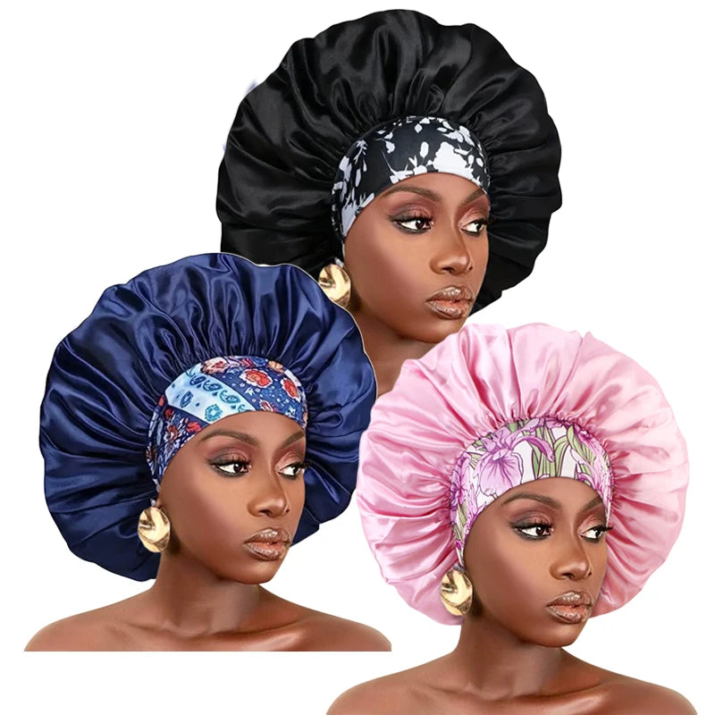 3PCS/LOT Extra Large Satin Sleep Caps For Women Hair Bonnets for Sleeping Braids Curly Night Cap Bath Shower Cap Accessories - NamafadStore