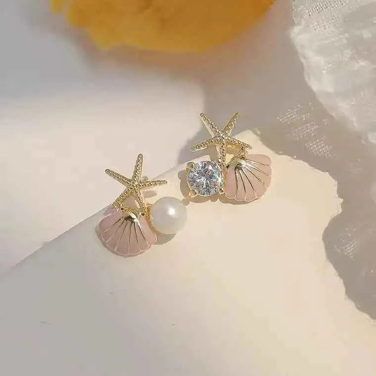 Cute Small Starfish Shell Stud Earrings for Women Asymmetric Rhinestones Imiation Pearl Charms Earrings Trendy Sweet Jewelry