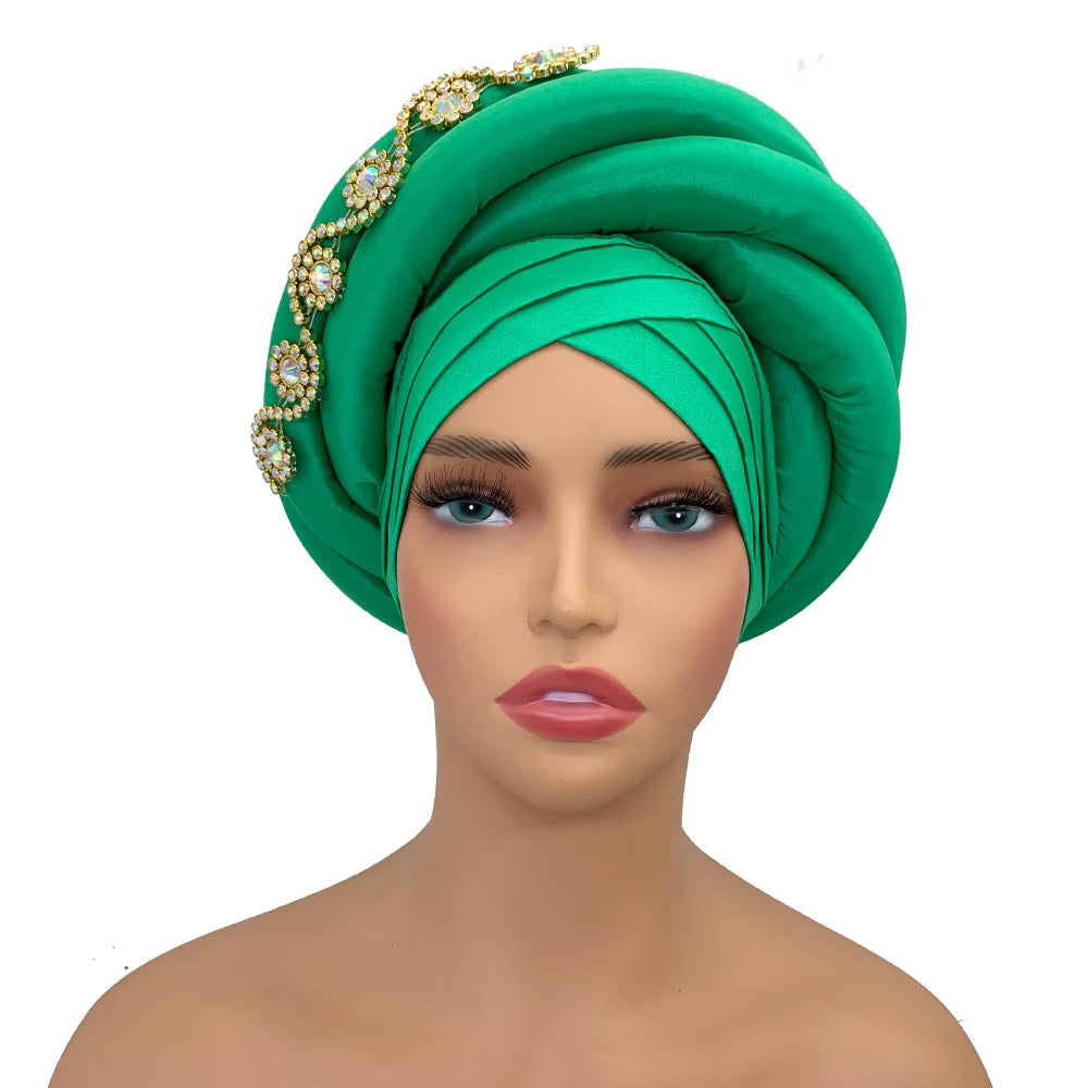 Twisted Braid Turban Cap for Women African Lady Head Wraps Diamonds Nigeria Raw Silk Autogele Headtie Muslim Hat Party Headwear - NamafadStore