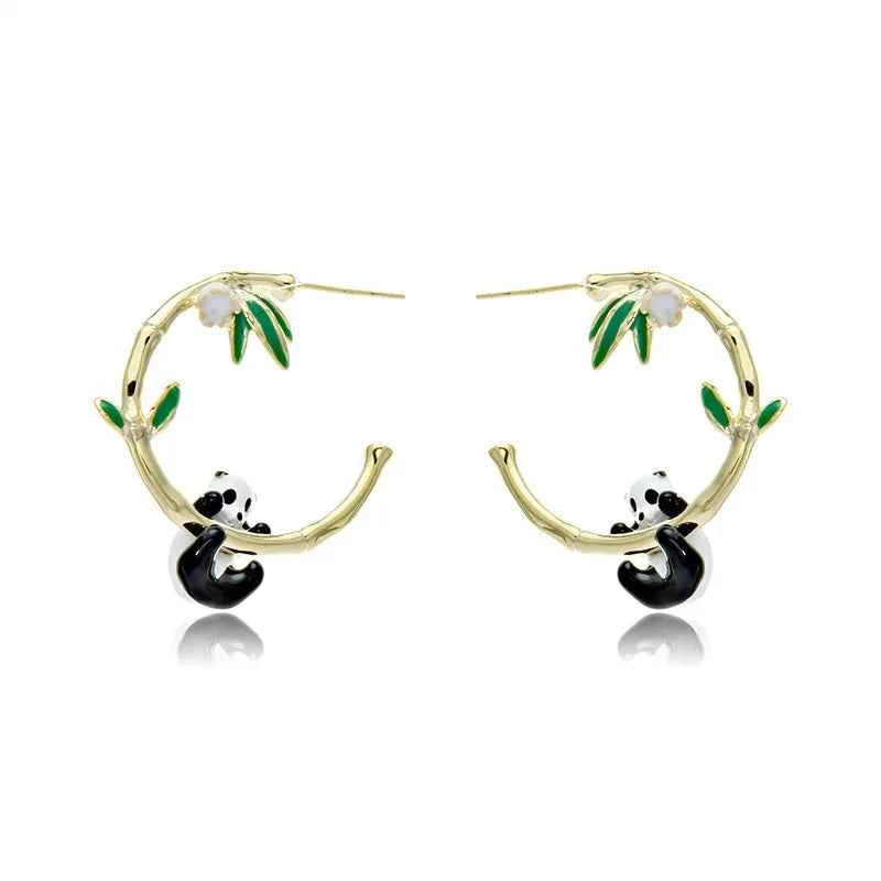 Small niche luxury panda bamboo ear rings, grand and eye-catching, slim and dripping oil earrings for women