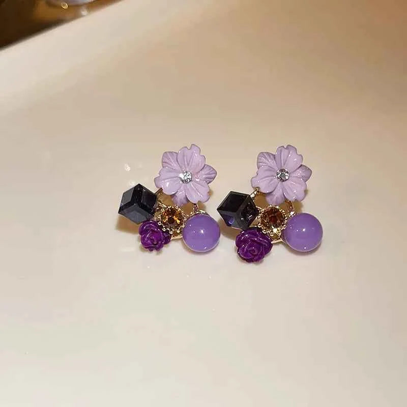 Yellow Purple Green Blue Flower Stud Earrings for Women Korean Fashion Acrylic Rhinestones Crystal Party Ear Jewelry Girls Gift