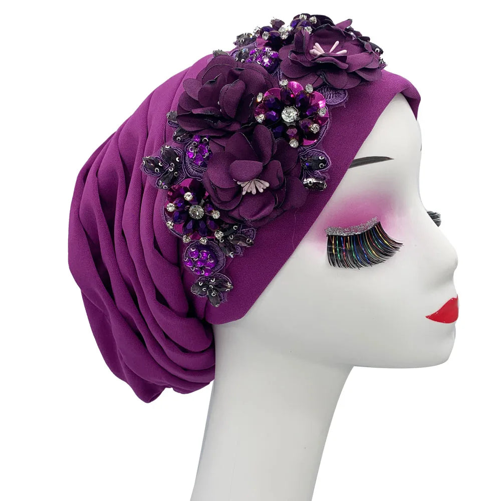Elegant Flower Diamonds Women's Turban Cap African Party Headwear Hat Lady Head Wraps Muslim Headscarf Hats Turbante Mujer - NamafadStore
