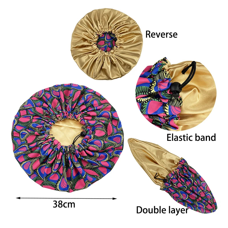 New Big Print Ankara Women Satin Bonnet Head Cover Silky Satin Elastic Sleep Cap Ladies Head Wrap Hat Hair Accessories Fashion - NamafadStore