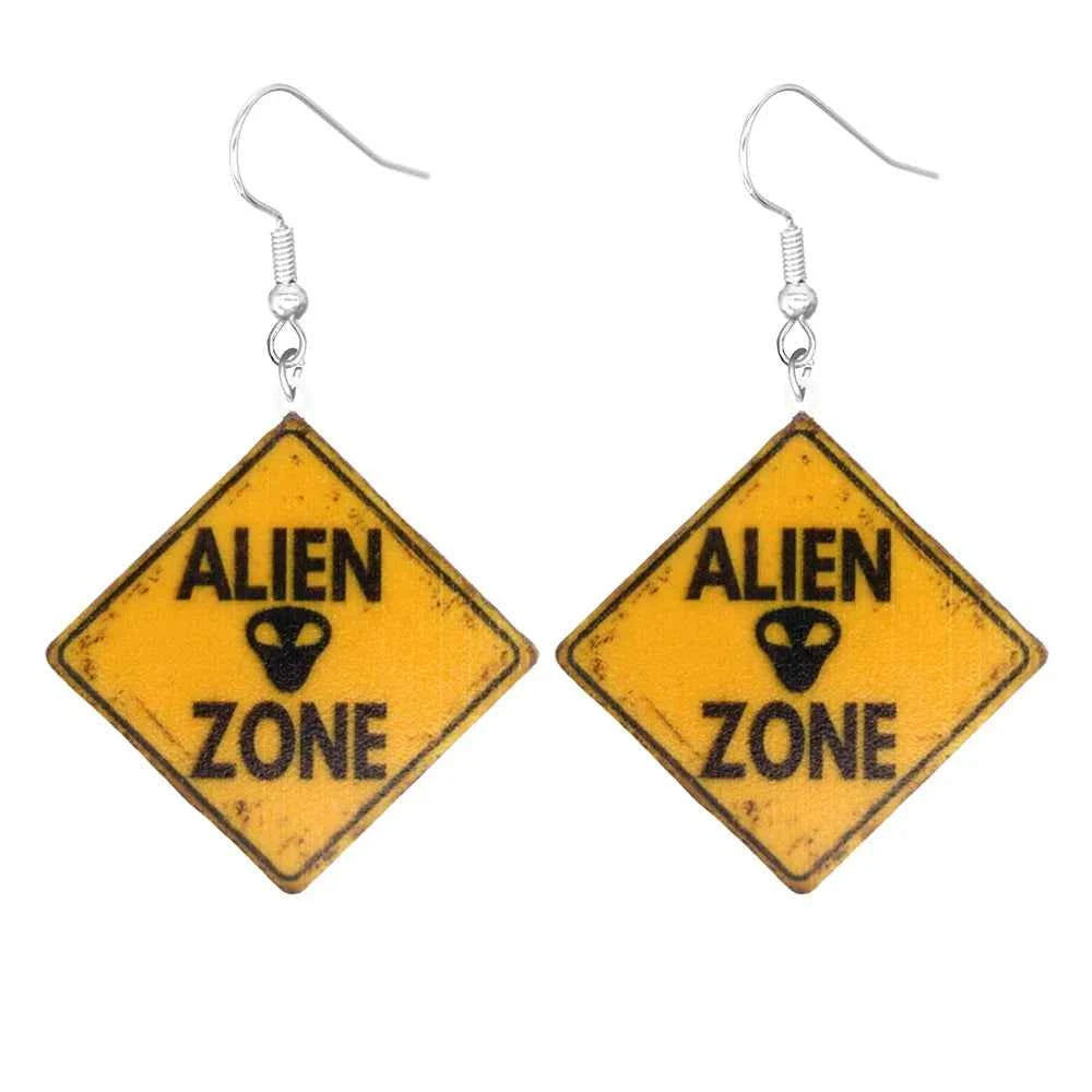 Cartoon earrings, acrylic cute, funny stop, road signs, warning signs, aliens