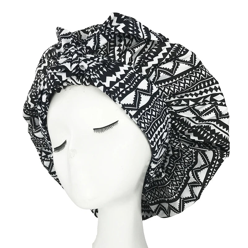New African Ankara Pattern Satin Linned Bonnet Women Long Ribbon Headwrap Double Layer Headscarf Big Size Adult Hair Cover