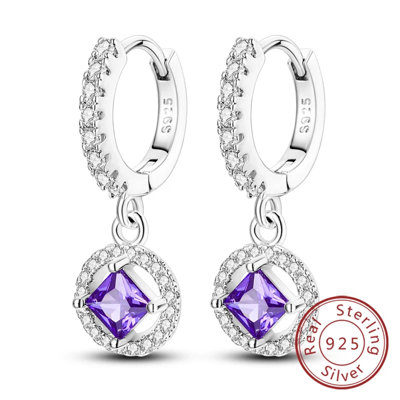 New Original 925 Sterling Silver Hoop Earrings Purple Zircon Flowers Butterflies Studs Earring For Women Wedding Engagement Gift
