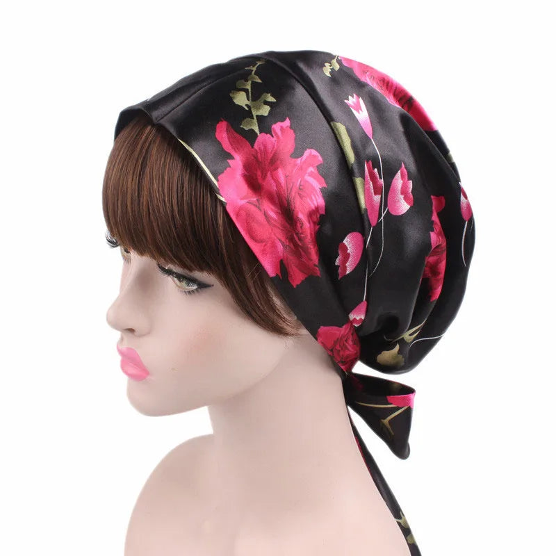Women Silk Satin Cap Night Sleep Cap Hair Bonnet Hat Head Cover Satin Turban Headscarf Adjustable Ladies Long Hair Care Bonnet - NamafadStore