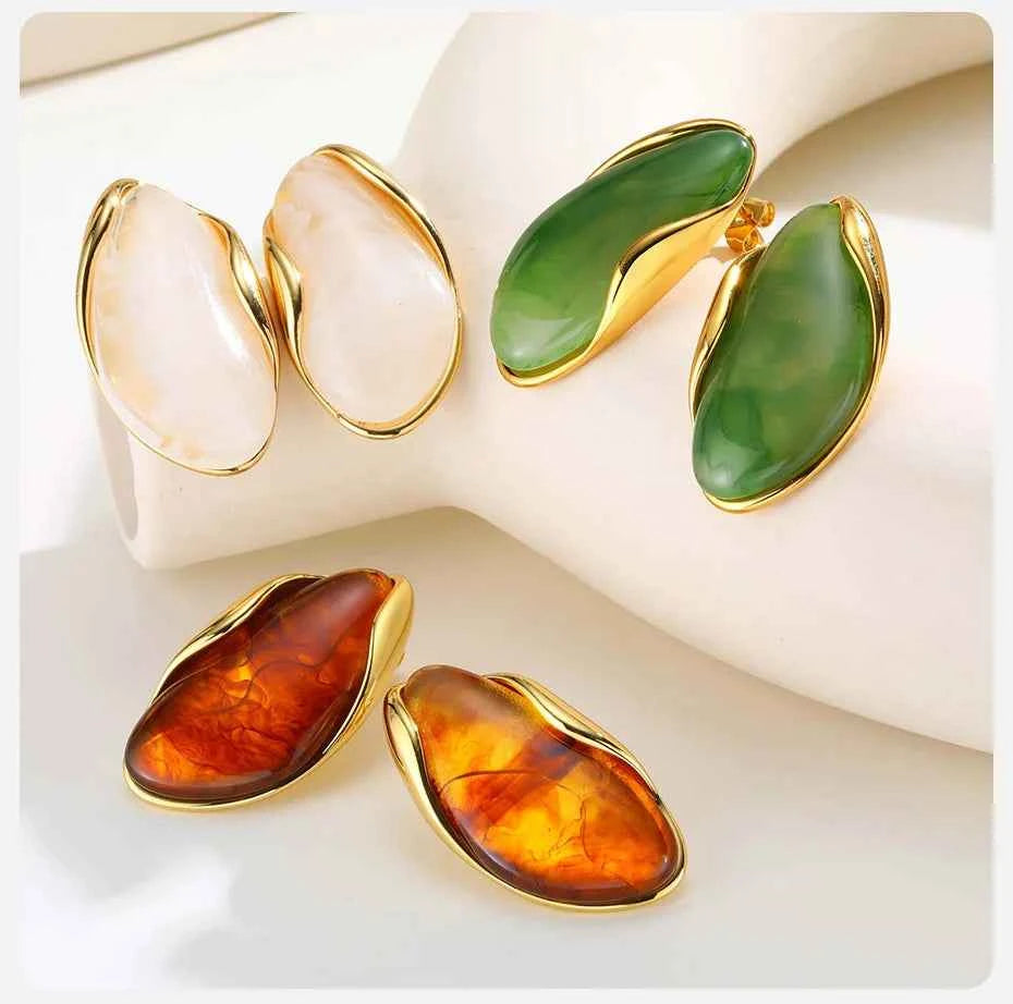 Vnox 2025 Autumn New Brown Resin Geometric Stud Earrings,Stainless Steel 18k Gold-plated Ear Needle,Piercing Jewelry For Women