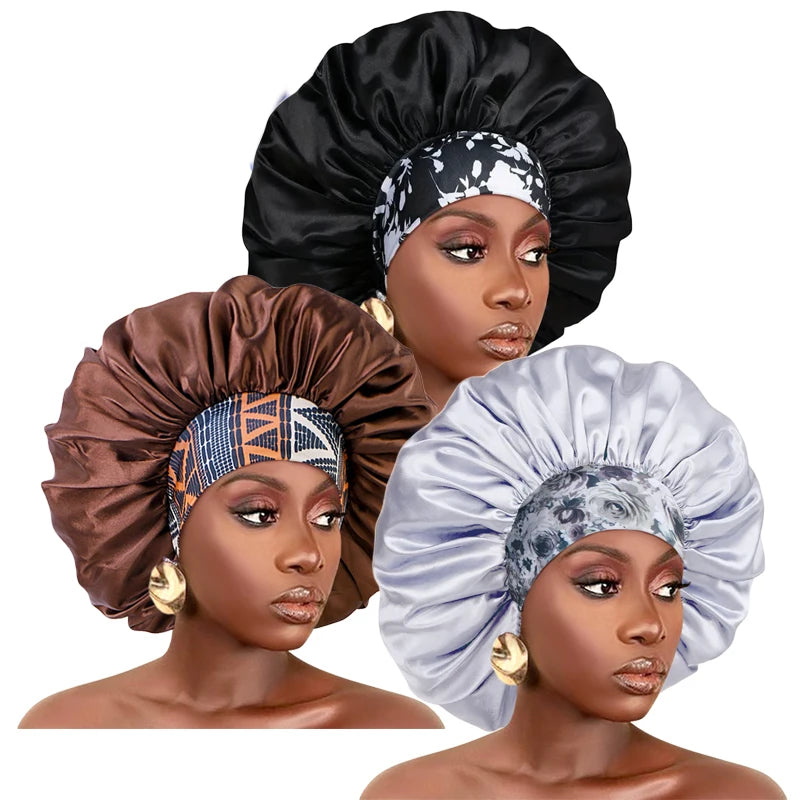 3PCS/LOT Extra Large Satin Sleep Caps For Women Hair Bonnets for Sleeping Braids Curly Night Cap Bath Shower Cap Accessories - NamafadStore