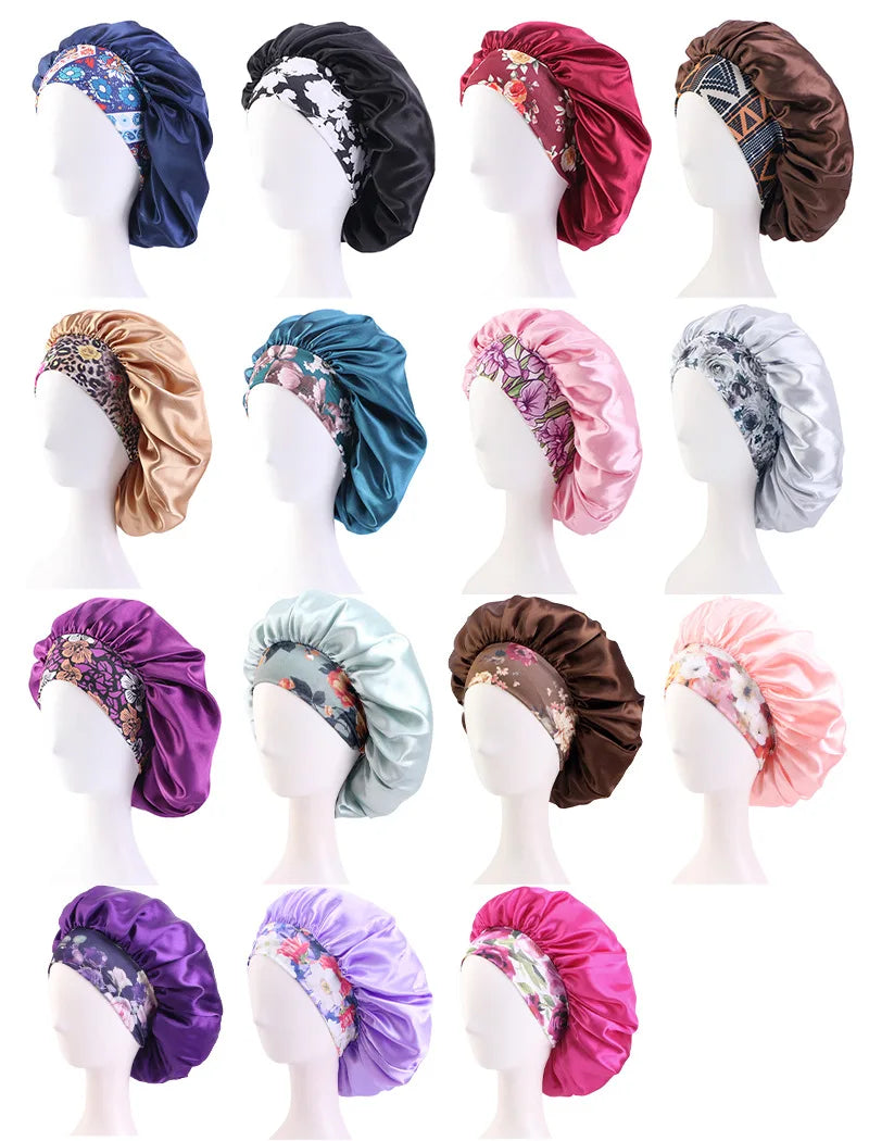 New Big Size Floral Print Bonnet Satin Wide Elastic Band Beanie Night Sleep Caps Head Cover African Headwrap Turban Chemo Caps - NamafadStore
