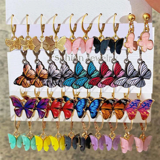 10Pcs/Set Drop Oil Colorful Butterfly Dangle Earrings Set for Women Vintage Metal Gold Plated Heart Hoop Earring Fashion Jewelry
