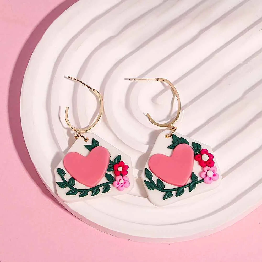 AENSOA Hollow Round Flower Earring For Women Polymer Clay Valentine's Day Girls Gift Heart Pattern Ear Accessories Jewelry INS