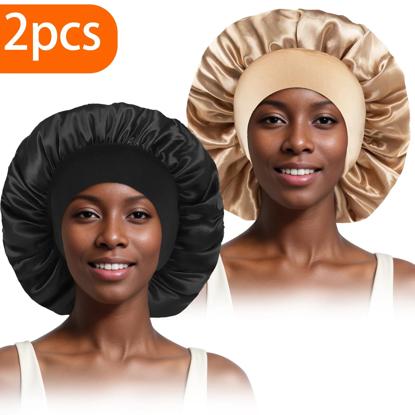 2pcs Women's Fashion Bonnet Large Wide Edge Elastic Hat Casual Silk Smooth Tint Suitable for Curled Straight Hair Sleeping Hat - NamafadStore