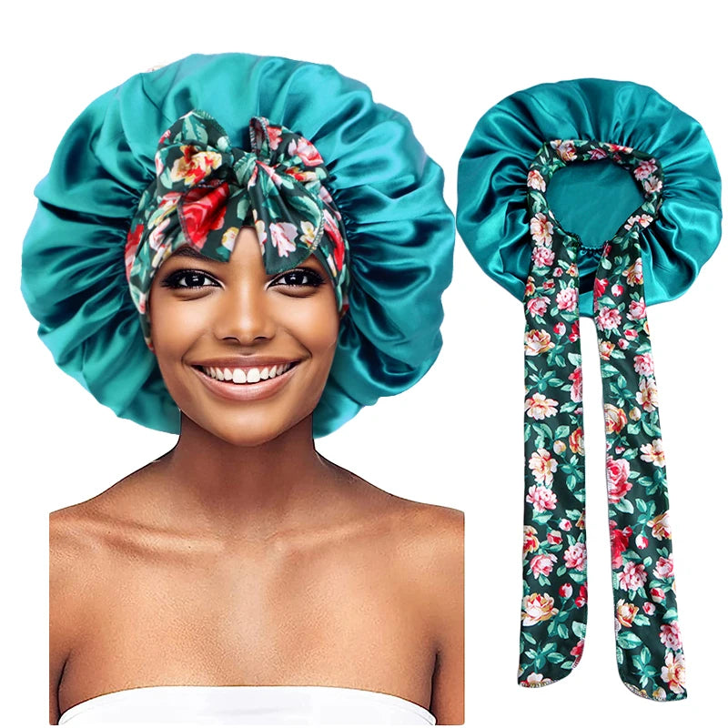 Women's Lace-up Satin Bonnet With Wide Stretch Ties Band Long Tail Bonnet Satin Cheveux Nuit Silky Sleeping Night Cap Bonnets - NamafadStore