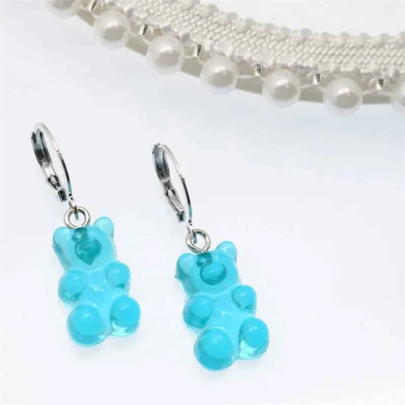 2022 Pink Bear Gummy Cartoon Dangle Earrings For Women Colorful Sequins Gradient Bear Hoop Earring Cute Girl Lucky Jewelry Gift