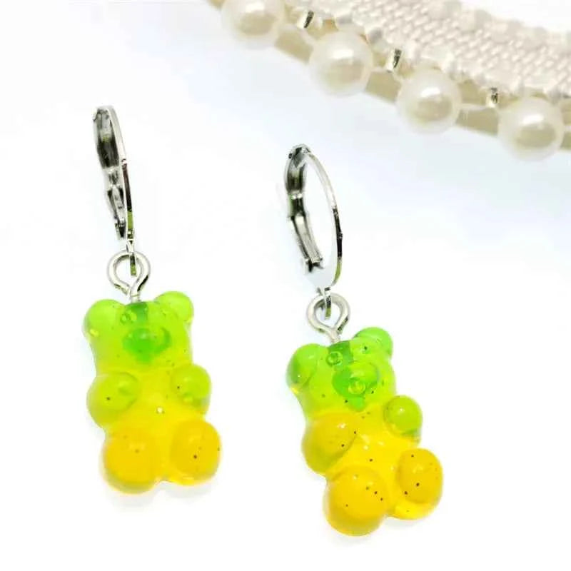 2022 Pink Bear Gummy Cartoon Dangle Earrings For Women Colorful Sequins Gradient Bear Hoop Earring Cute Girl Lucky Jewelry Gift