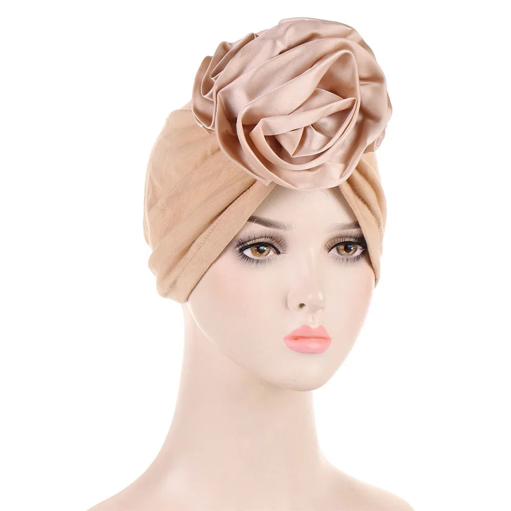 Big Flower Muslim Women Turban Satin Head Wrap Hijab Sleep Night Hat Chemo Cap Indian Elastic Beanie Ladies Hair Loss Headwear - NamafadStore