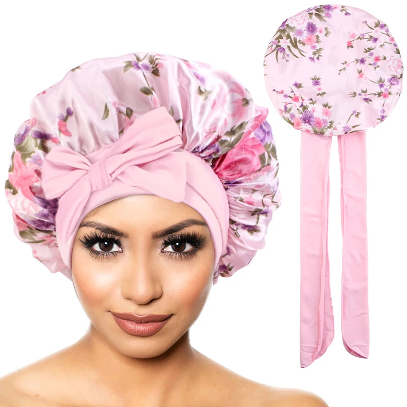 New Women Floral Satin Bonnet Printed Elegant Hair Bonnet with Tie Band Elastic Sleeping Night Cap Lightweight Shower Bath Cap - NamafadStore