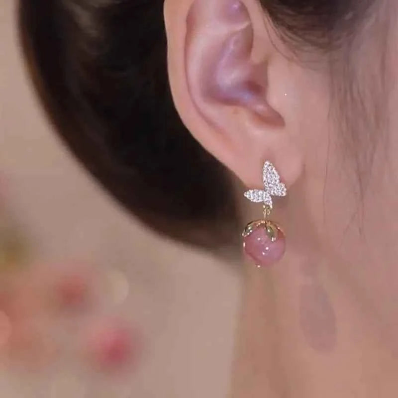Korean Fashion Butterfly Earrings Earrings for Women Pink Opal Dangle Earrings Valentines Day Anniversary Birthday Jewelry Gift