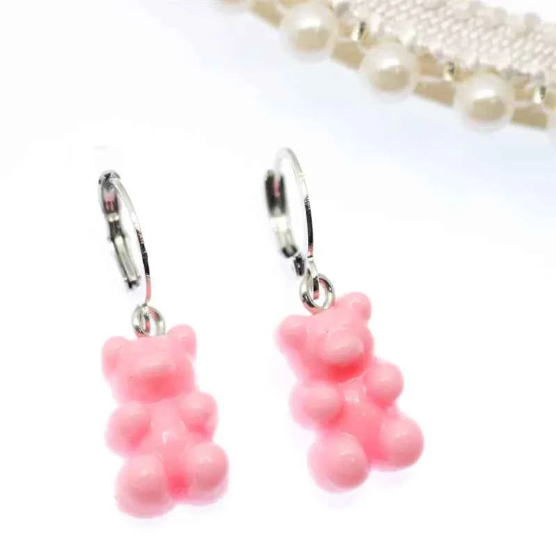 2022 Pink Bear Gummy Cartoon Dangle Earrings For Women Colorful Sequins Gradient Bear Hoop Earring Cute Girl Lucky Jewelry Gift