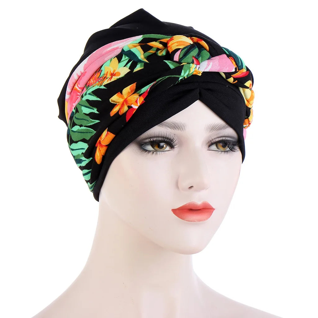Muslim Women Twist Braid Turban Hats Pre Tied Headscarf Print Flower Hijabs Bandana Chemo Beanies Caps Cover - NamafadStore
