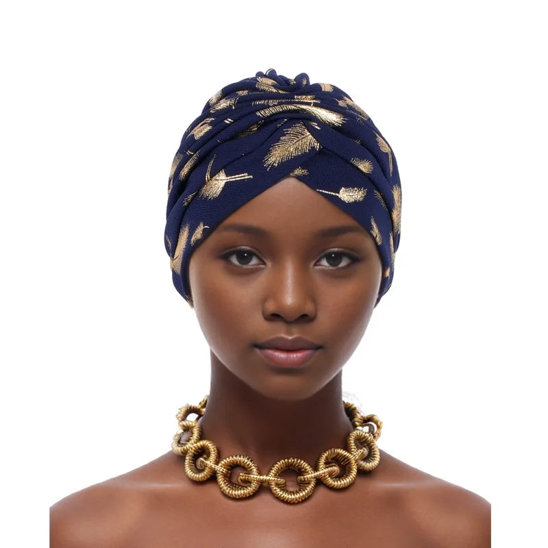 Feather Gold Stamping Fabric Turban Cap for Women African Wrap Head Bonnet Muslim Under Scarf Hat Turbante Mujer - NamafadStore