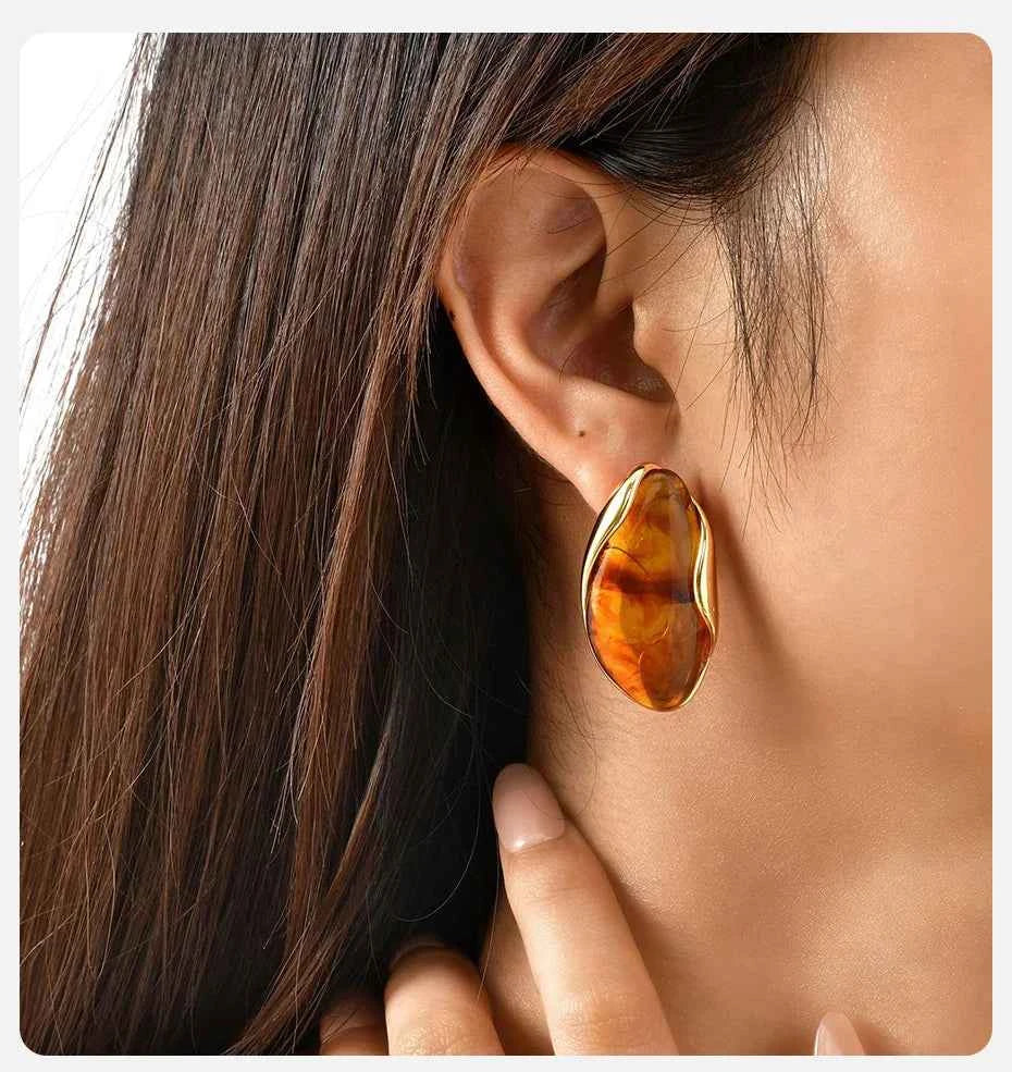 Vnox 2025 Autumn New Brown Resin Geometric Stud Earrings,Stainless Steel 18k Gold-plated Ear Needle,Piercing Jewelry For Women