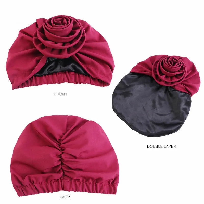 Satin Lined Woman Turban Cap Big Flower African Hat Solid Color Headwrap Bonnet Muslim Hijab Headscarf Ladies Beanies Headwear - NamafadStore
