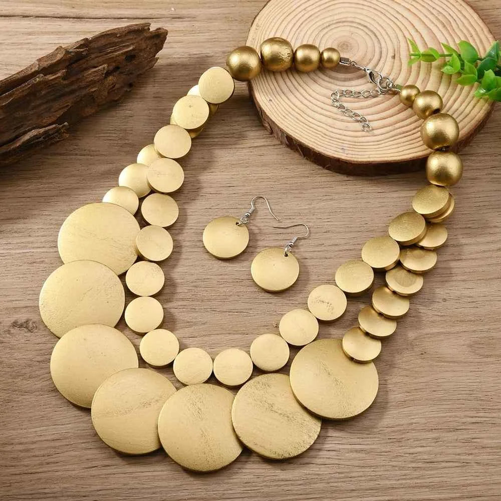 African Jewelry Bohemian Colored Geometric Round Wooden Beads Handmade Bead Necklace And Earrings Women's Party Accessories