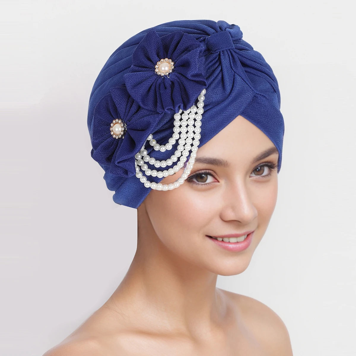 Pearls Beading Turban Cap for Women Flower Design Female Head Wraps Muslim Headscarf Bonnet Hairloss Hat Cover - NamafadStore