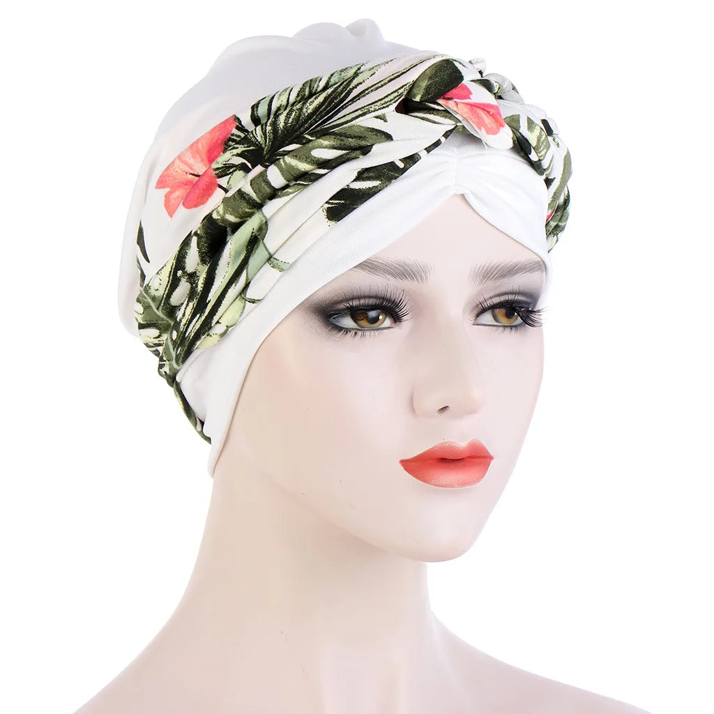 Muslim Women Twist Braid Turban Hats Pre Tied Headscarf Print Flower Hijabs Bandana Chemo Beanies Caps Cover - NamafadStore