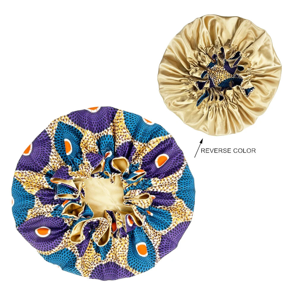 African Pattern Print Bonnet Hijabs Hat Women Night Sleep Cap Double Layer Satin Turban Extra Large Head Wear Lady Head Wrap Hat - NamafadStore