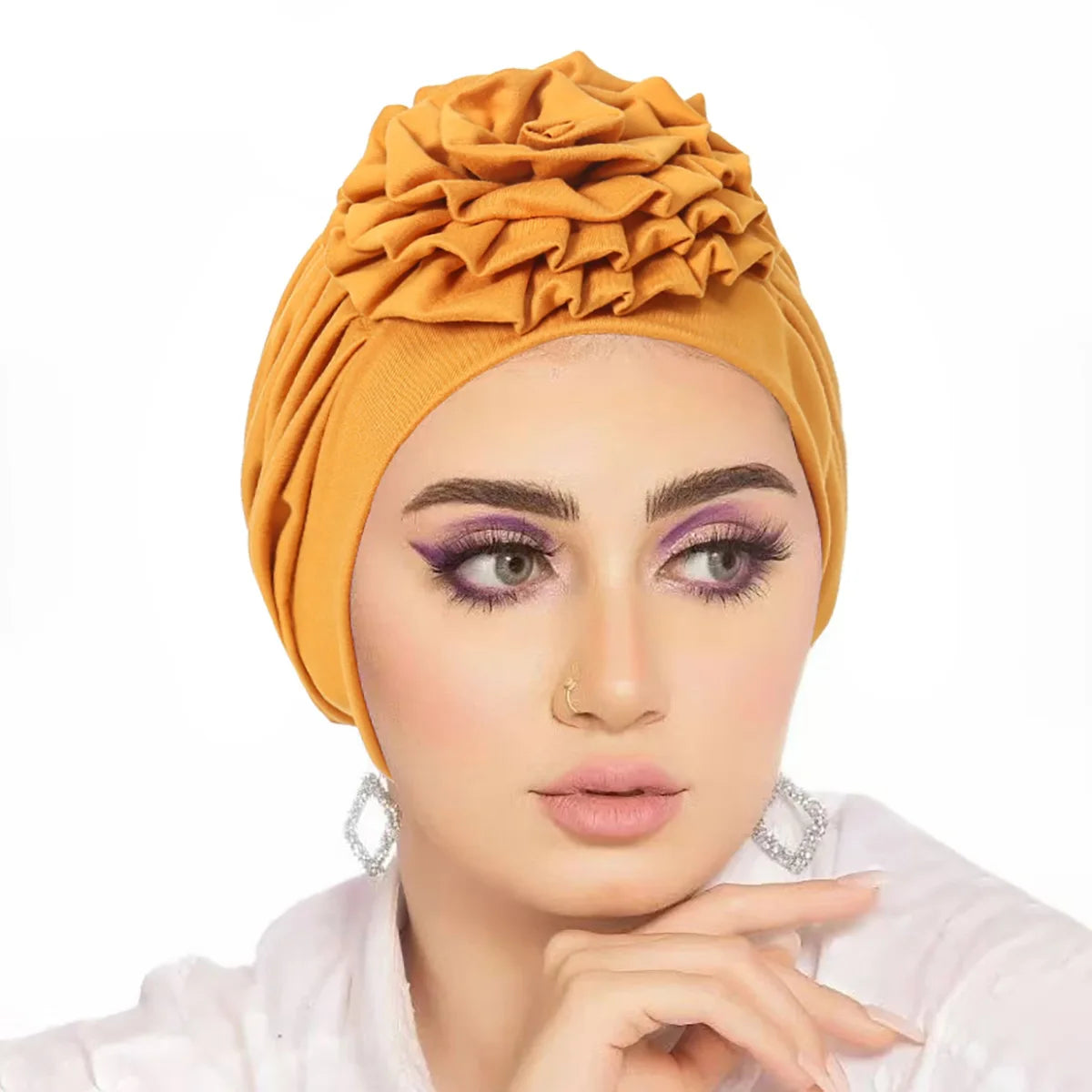 Trendy Crinkle Women's Hijab Solid Color Muslim Ladies Turban Bonnet Flower Decor Ramadan Head Wrap Head Scarf Indian Hat Mujer - NamafadStore