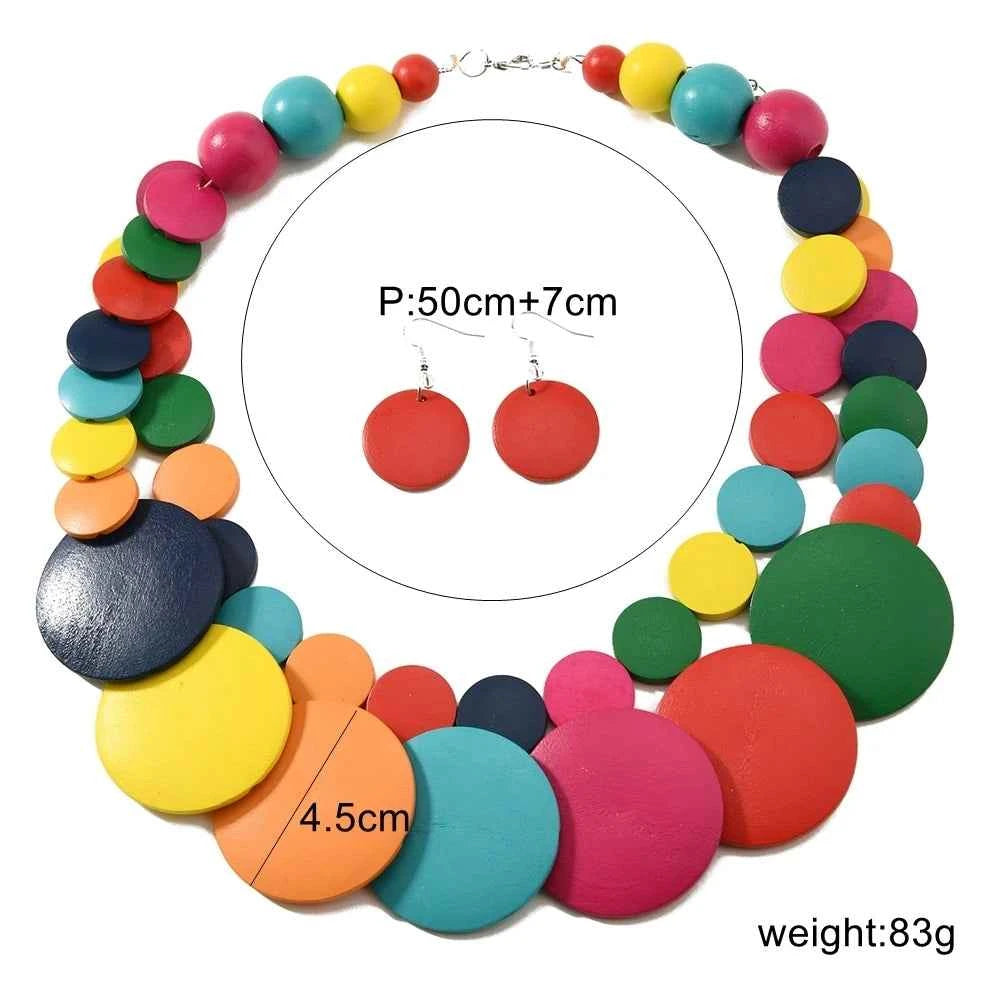 African Jewelry Bohemian Colored Geometric Round Wooden Beads Handmade Bead Necklace And Earrings Women's Party Accessories