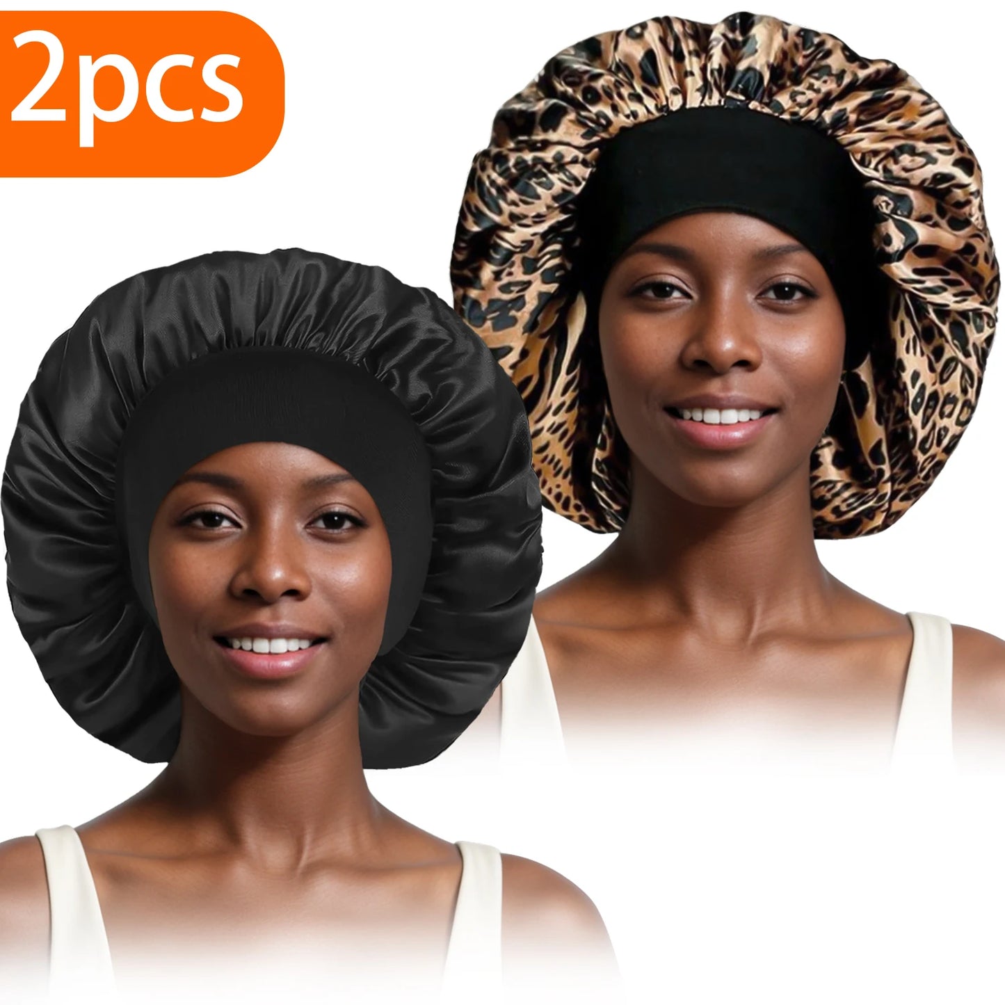 2pcs Women's Fashion Bonnet Large Wide Edge Elastic Hat Casual Silk Smooth Tint Suitable for Curled Straight Hair Sleeping Hat - NamafadStore