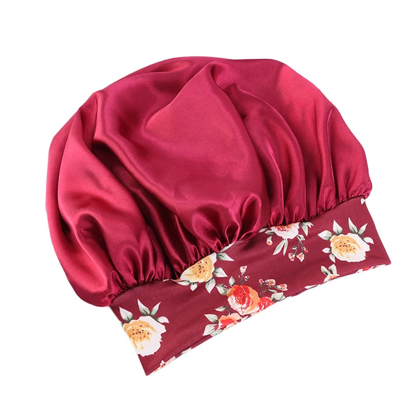 Extra Large Silky Satin Hair Bonnet For Women Thick Hair Sleep Cap Elastic Band Beanie African Headwrap Flower Turban Chemo Caps
