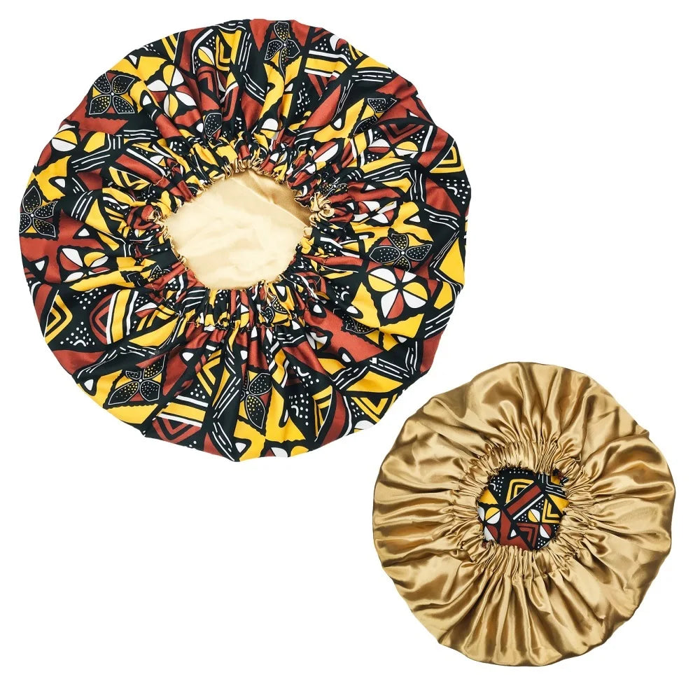New African Ankara Pattern Satin Linned Bonnet Women Long Ribbon Headwrap Double Layer Headscarf Big Size Adult Hair Cover