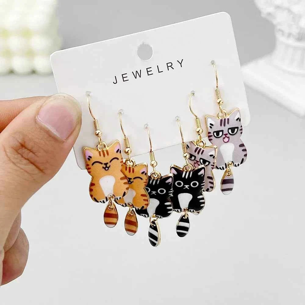 3 Pairs New Fun and Cute Enamel Alloy Hanging Tail Cat Dangle Earrings Colored Cat Ear Jewelry Set Lovely Gift For Women Girls