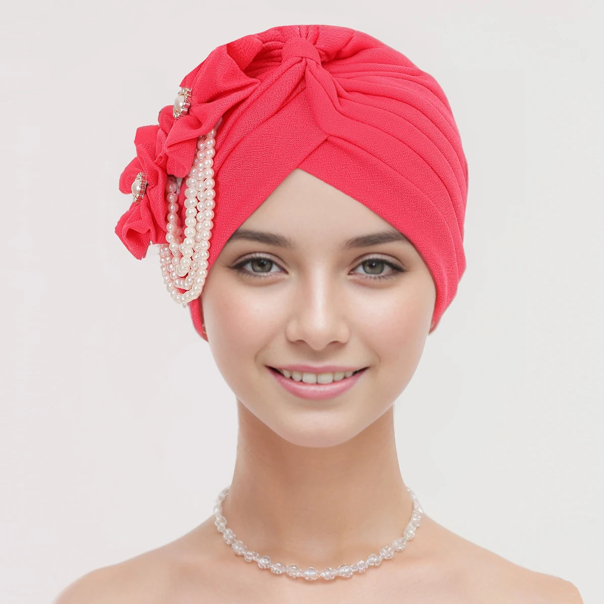 Pearls Beading Turban Cap for Women Flower Design Female Head Wraps Muslim Headscarf Bonnet Hairloss Hat Cover - NamafadStore