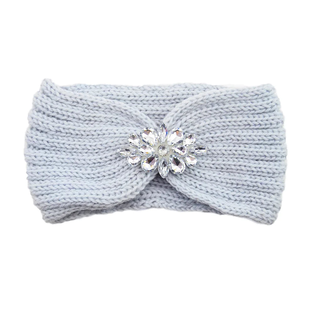 Elegant Women Rhinestone Knitted Hair Bands Ear Protection Headband Head Cover Face Washing Exercise Yoga Warm Wool Headwrap - NamafadStore
