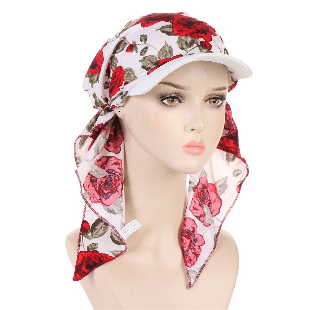 Fashion Muslim Floral Print Hijab Turban Hat for Women Visor Baseball Cap Sun Hats Headscarf Scarf Brim Femme Scarves Bandanas - NamafadStore