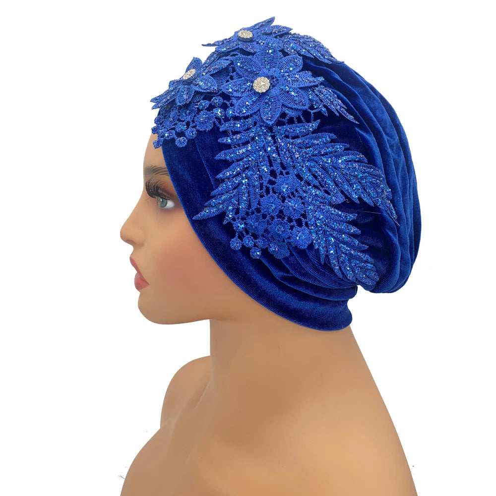 Applique Flower Embroidery Turban Caps for Women Ruffle Velvet Headscarf Bonnet Hat Female Head Wraps Turbante Mujer - NamafadStore