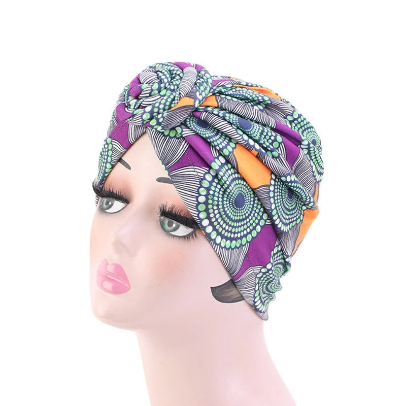New African Print Pleated Turban Floral Beanie Knot Flower India Head Wrap Elegant Women Chemo Cap Bandana Headwear Head Cover - NamafadStore