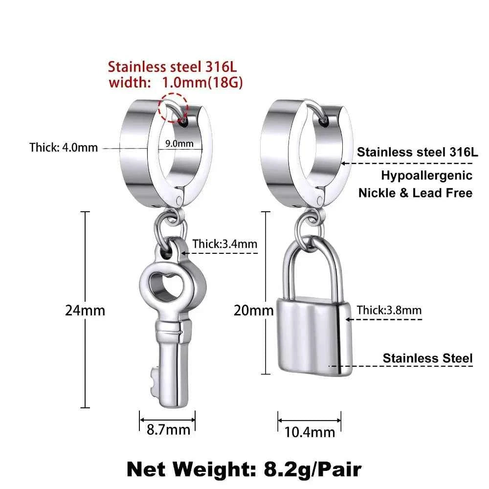 Stainless Steel Charms Dangle Drop Earrings Ankh Cross Padlock Italian Horn Evil Eye Key Lock Rivets Moon Unisex Drop Earrings