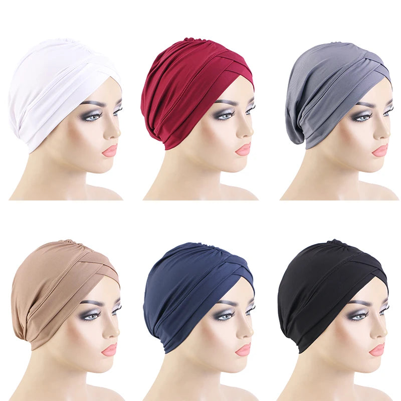 2PCS/LOT Classic Pleated Turban Hat Elegant Solid Color Head Wraps Headscarf Breathable Elastic Beanies Chemo Cap