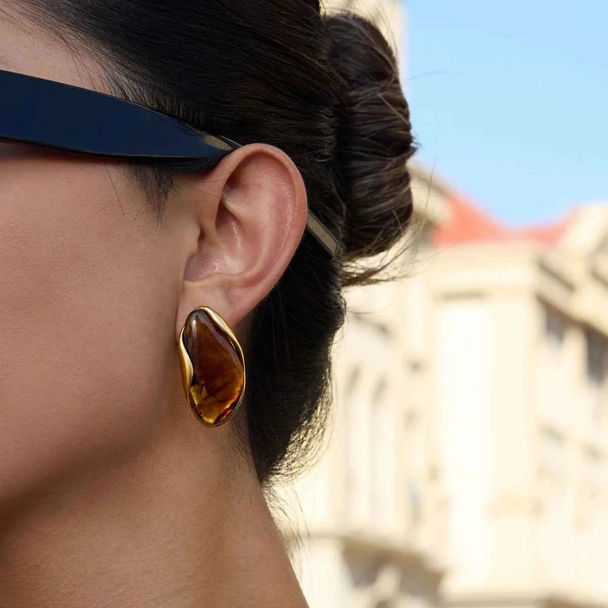 Youthway Irregular Resin Stainless Steel Stud Earrings 18K Gold Color-Plated Women's Fashion Jewelry for Party Wear