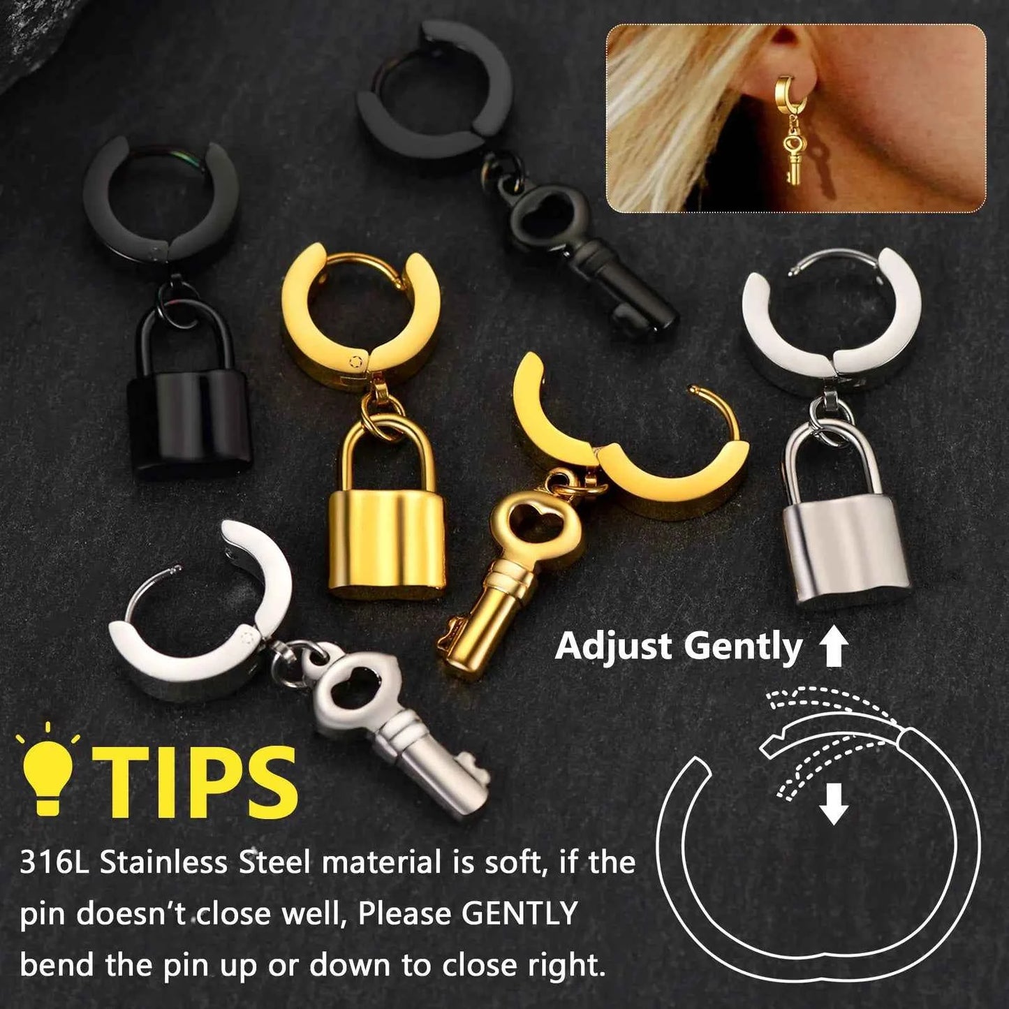 Stainless Steel Charms Dangle Drop Earrings Ankh Cross Padlock Italian Horn Evil Eye Key Lock Rivets Moon Unisex Drop Earrings