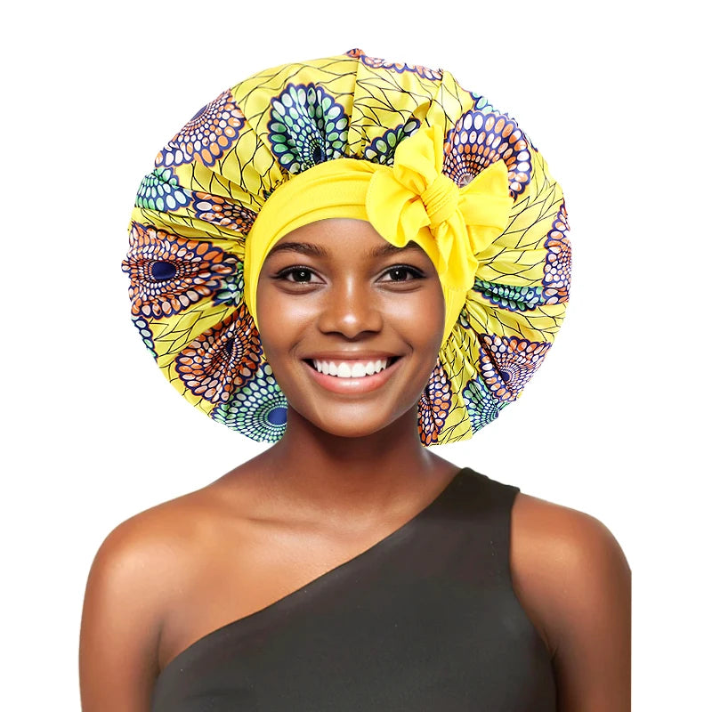 African Large Women Bonnet Satin Ribbon Sleep Cap Elastic Band Women Head Wrap Ladies Night Sleeping Cap Turban Chemo Hat - NamafadStore